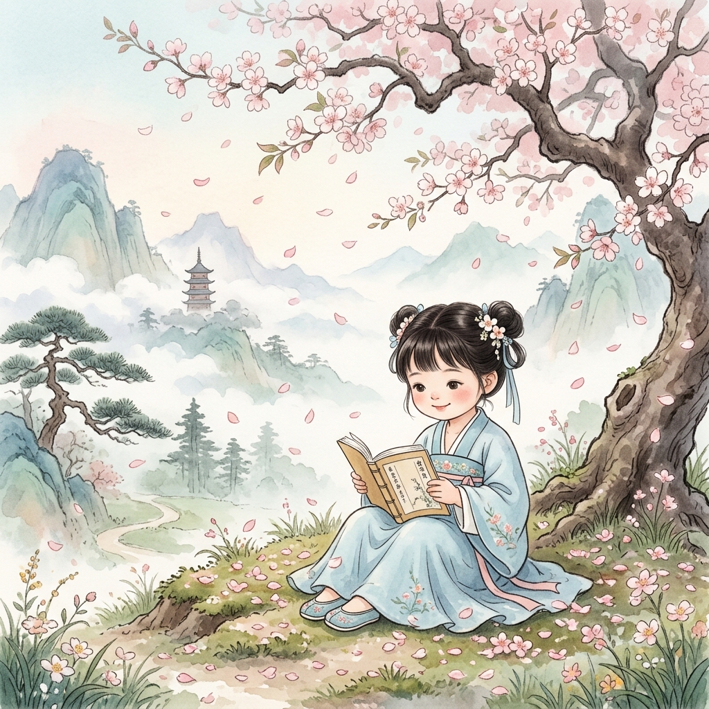 妞妞在樱花树下读诗